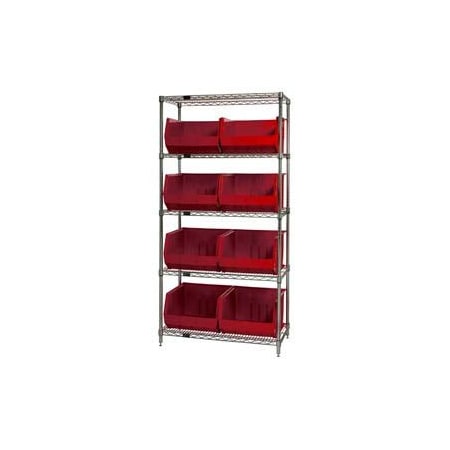 Global Industrial Chrome Wire Shelving With 8 Giant Plastic Stacking Bins Red, 36x18x74 268933RD